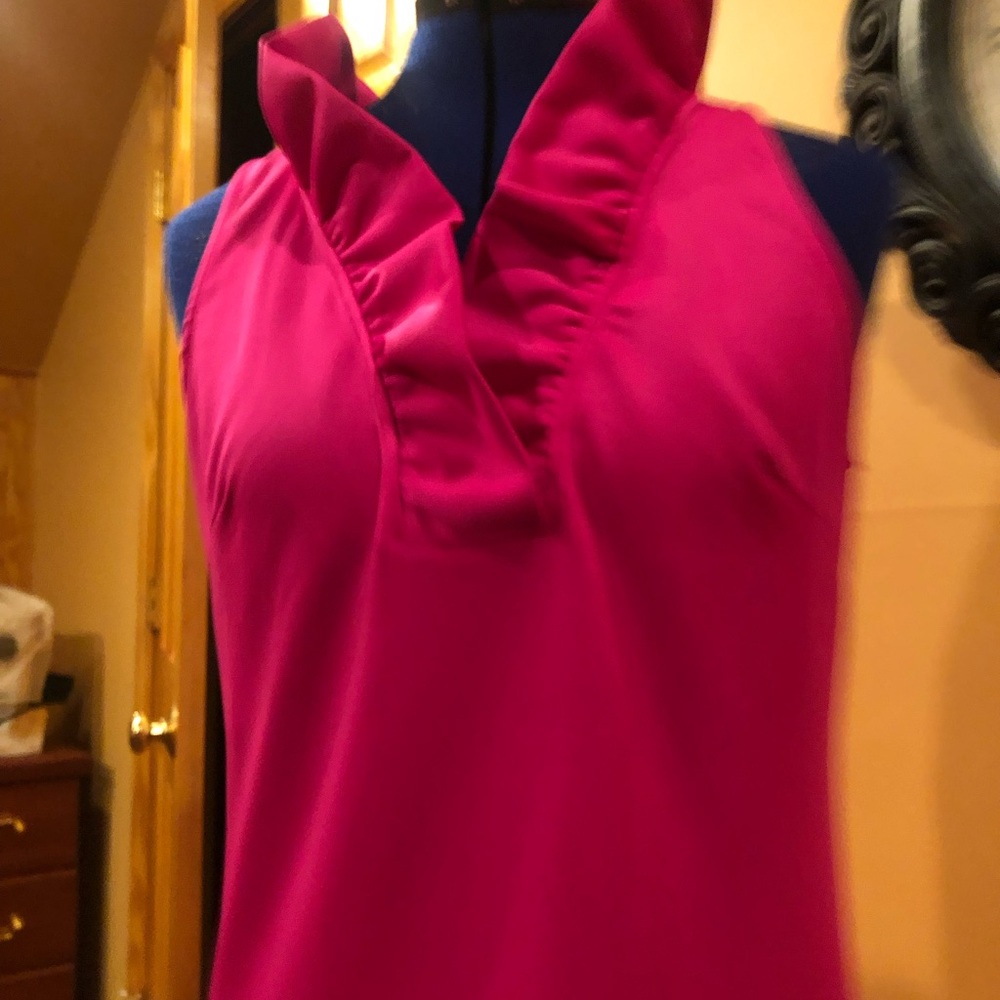 Gretchen Scott  fuchsia silk  dress with ruffled v neckline  new with tags